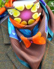 Butterfly Kaleidoscope Autumn scarf styled with jacket
